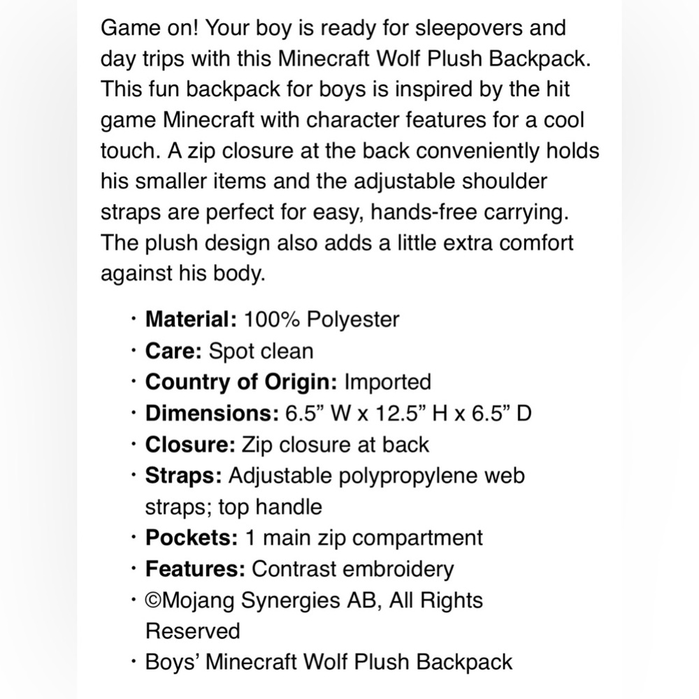 Minecraft Wolf Plush Mini Backpack Kids Gray Character Bag NWT - Picture 4 of 11